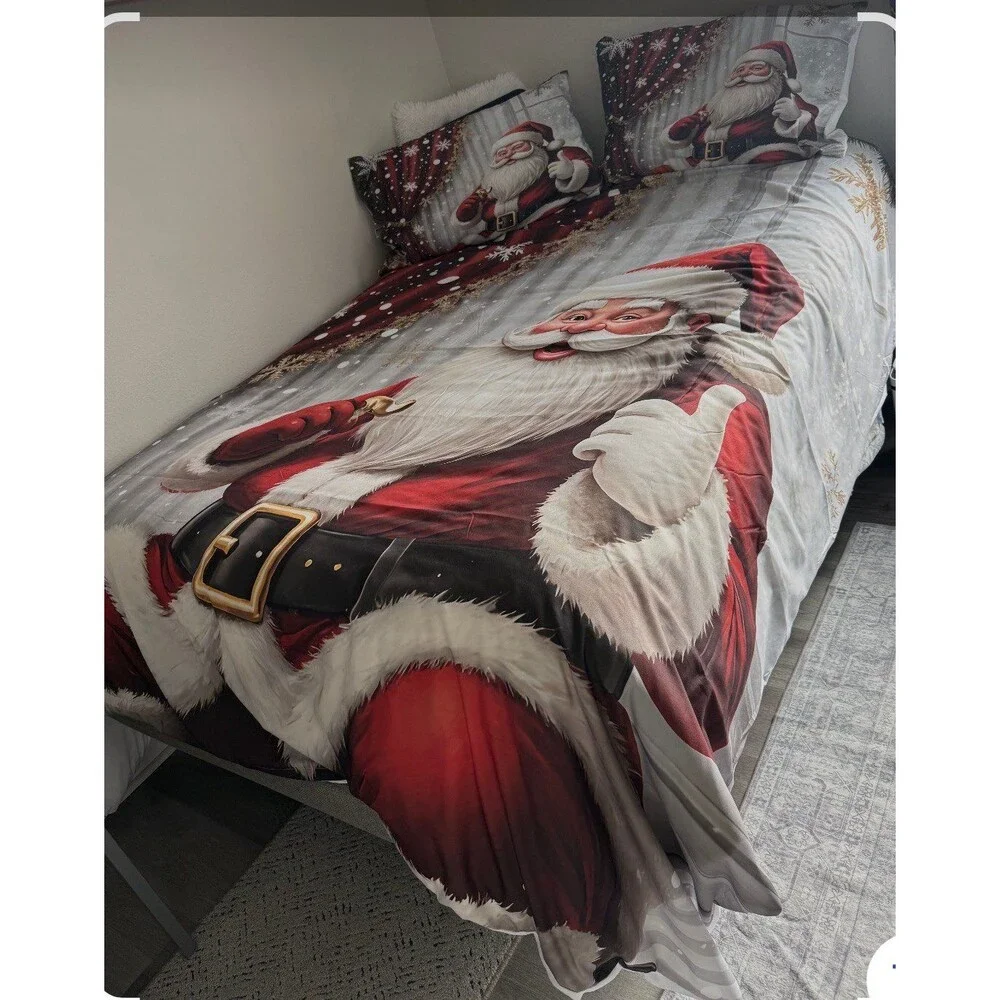3-Pcs Santa Claus Bedding Set, Holiday Theme Digital Printed Quilt Cover Pillows